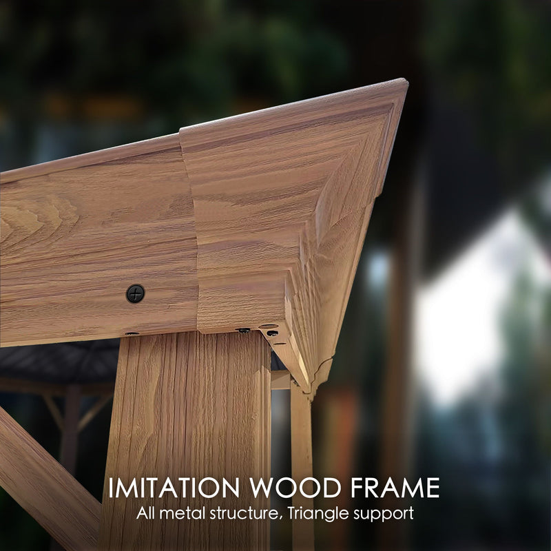 A close - up view of an outdoor gazebo's corner, showcasing its imitation wood frame. Despite the wooden appearance, it is an all - metal structure with triangle support for enhanced stability. The frame features a realistic wood - grain texture and is secured with visible screws.Durable Imitation Wood Frame of Outdoor Gazebo with Metal Structure. outdoor gazebo, imitation wood frame, all - metal structure, triangle support, wood - grain texture