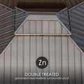 A close - up of the roof structure of an outdoor gazebo, showcasing its double - treated galvanized steel material. The text indicates that the material is zinc - treated (Zn), providing both sun and rain protection. The design features a combination of slanted and vertical panels. Durable Double - Treated Galvanized Steel Roof for Outdoor Gazebo. outdoor gazebo, double - treated galvanized steel, zinc treatment, sun protection, rain protection
