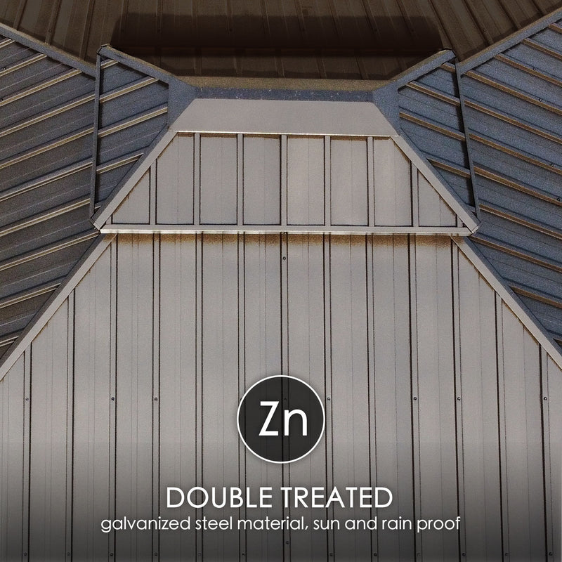 A close - up of the roof structure of an outdoor gazebo, showcasing its double - treated galvanized steel material. The text indicates that the material is zinc - treated (Zn), providing both sun and rain protection. The design features a combination of slanted and vertical panels. Durable Double - Treated Galvanized Steel Roof for Outdoor Gazebo. outdoor gazebo, double - treated galvanized steel, zinc treatment, sun protection, rain protection