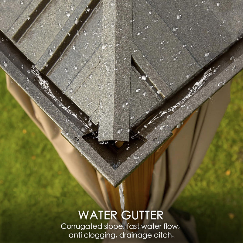 A close - up view of the corner of an outdoor gazebo's roof, highlighting its water - gutter system. Water droplets are seen flowing down the corrugated slope of the roof, indicating efficient water drainage. The text below emphasizes features like the corrugated slope, fast water flow, anti - clogging design, and drainage ditch. Efficient Water Gutter System of Outdoor Gazebo.outdoor gazebo, water gutter, corrugated slope, fast water flow, anti - clogging, drainage ditch