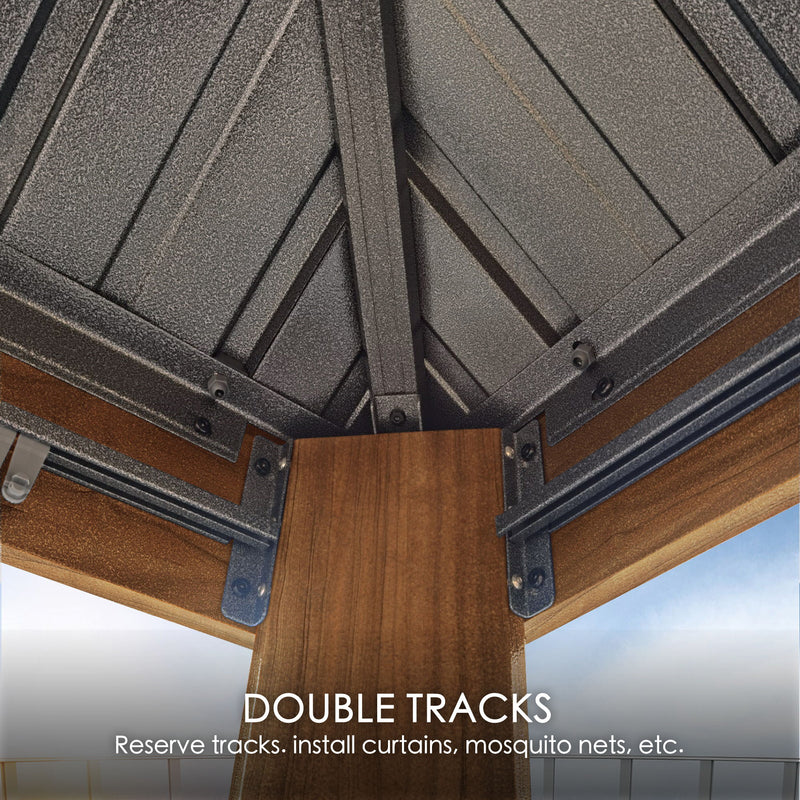 A close - up view of the corner of an outdoor aluminum wood - grain gazebo, highlighting its double - track system. The image shows the metal roof with a textured finish and the wooden - look aluminum posts. The double - track system, indicated by the text, allows for the installation of curtains, mosquito nets, and other accessories. Outdoor Aluminum Wood - Grain Gazebo: Double - Track Installation Feature. outdoor aluminum gazebo, wood - grain finish, double tracks, curtain installation, mosquito net.