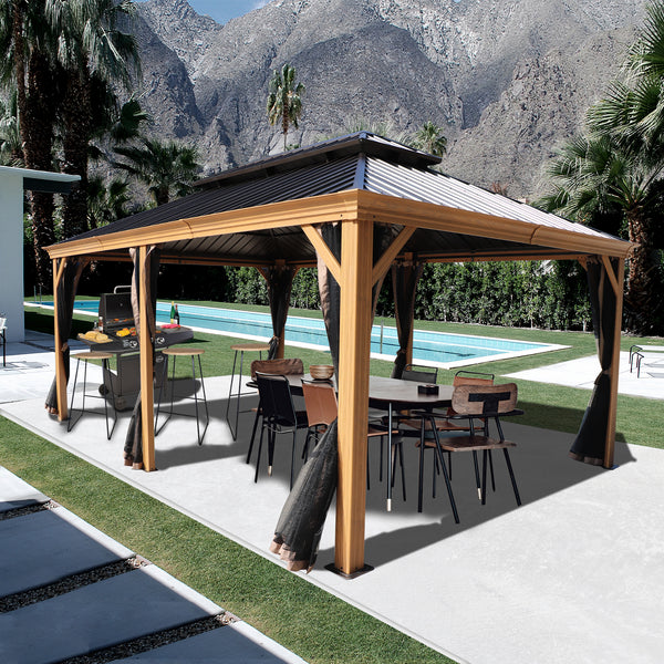 An outdoor aluminum gazebo with a wood - grain finish, set against a backdrop of a pool, palm trees, and mountains. The dark - colored metal roof contrasts with the wooden - look frame. Under the gazebo, there is an outdoor dining setup with a table and chairs, and a barbecue grill, creating a perfect spot for outdoor gatherings. Outdoor Aluminum Wood - Grain Gazebo for Poolside Gatherings. outdoor aluminum gazebo, wood - grain finish, poolside, outdoor dining, barbecue, mountain view.