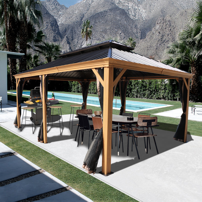 An outdoor aluminum gazebo with a wood - grain finish, set against a backdrop of a pool, palm trees, and mountains. The dark - colored metal roof contrasts with the wooden - look frame. Under the gazebo, there is an outdoor dining setup with a table and chairs, and a barbecue grill, creating a perfect spot for outdoor gatherings. Outdoor Aluminum Wood - Grain Gazebo for Poolside Gatherings. outdoor aluminum gazebo, wood - grain finish, poolside, outdoor dining, barbecue, mountain view.