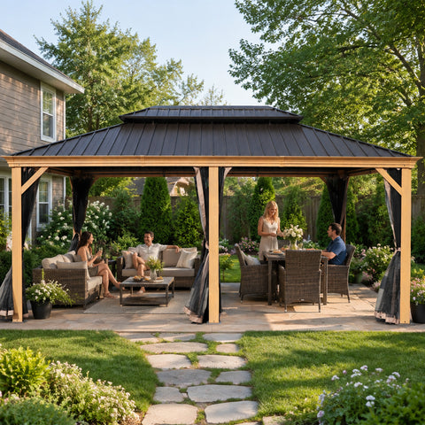 Kozyard backyard hardtop gazebo with wood-look aluminum frame providing a shaded outdoor seating and dining space, ideal for gatherings, grilling, and patio entertainment.