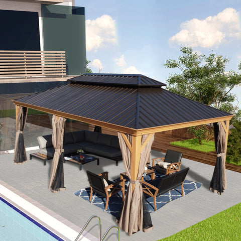 Kozyard Apollo 12’x20’ Hardtop Gazebo, Wooden Coated Aluminum Frame Canopy with Galvanized Steel Double Roof, Outdoor Permanent Metal Pavilion with Netting for Patio, Deck and Lawn