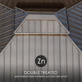 A close - up of the roof structure of an outdoor gazebo, showcasing its double - treated galvanized steel material. The text indicates that the material is zinc - treated (Zn), providing both sun and rain protection. The design features a combination of slanted and vertical panels. Durable Double - Treated Galvanized Steel Roof for Outdoor Gazebo. outdoor gazebo, double - treated galvanized steel, zinc treatment, sun protection, rain protection
