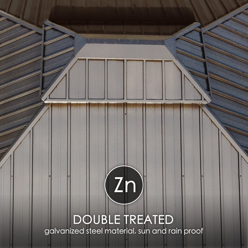 A close - up of the roof structure of an outdoor gazebo, showcasing its double - treated galvanized steel material. The text indicates that the material is zinc - treated (Zn), providing both sun and rain protection. The design features a combination of slanted and vertical panels. Durable Double - Treated Galvanized Steel Roof for Outdoor Gazebo. outdoor gazebo, double - treated galvanized steel, zinc treatment, sun protection, rain protection