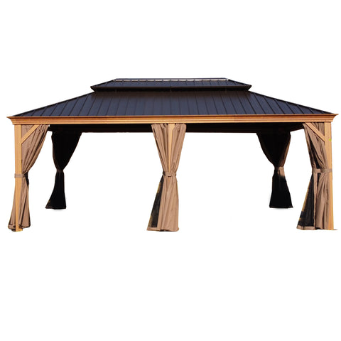 Kozyard Apollo 12’x20’ Hardtop Gazebo, Wooden Coated Aluminum Frame Canopy with Galvanized Steel Double Roof, Outdoor Permanent Metal Pavilion with Netting for Patio, Deck and Lawn