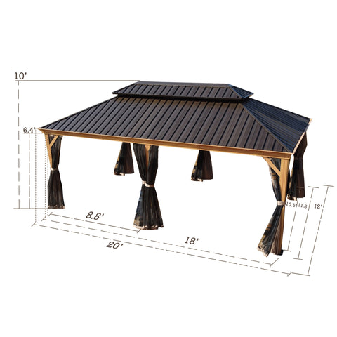 Kozyard Apollo 12’x20’ Hardtop Gazebo, Wooden Coated Aluminum Frame Canopy with Galvanized Steel Double Roof, Outdoor Permanent Metal Pavilion with Netting for Patio, Deck and Lawn