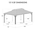 Kozyard 12x20 ft hardtop gazebo dimension diagram showing full roof height, post spacing, interior clearance, and overall footprint, helping customers understand sizing for patios, decks, and backyard layouts.