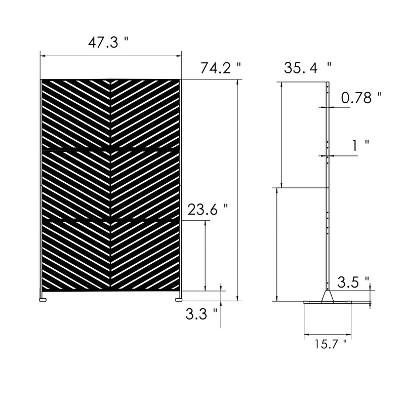 Dimensions of Black Chevron - Patterned Room Divider
alt text：A diagram showing the measurements of a black room divider with a chevron pattern, including height, width, and component dimensions. Keywords: room divider dimensions, chevron pattern