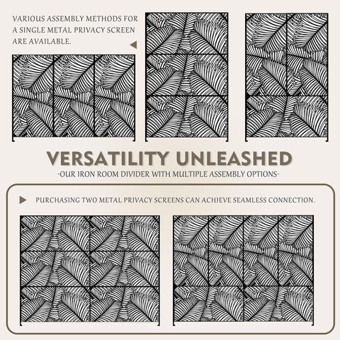 Versatile Iron Room Divider with Multiple Assembly Options
alt text：An iron room divider with a palm - leaf pattern, showcasing various assembly methods. It can be configured in different ways, and two screens can be connected seamlessly. Keywords: room divider, multiple assembly options, seamless connection