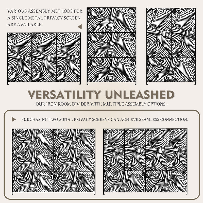 Versatile Iron Room Divider with Multiple Assembly Options
alt text：An iron room divider with a palm - leaf pattern, showcasing various assembly methods. It can be configured in different ways, and two screens can be connected seamlessly. Keywords: room divider, multiple assembly options, seamless connection