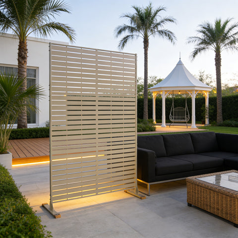 Kozyard Outdoor Metal Privacy Screen – Modern Slatted Design for Patio/Backyard, All-Weather Steel Construction, Stylish Room Divider for Outdoor Spaces.
