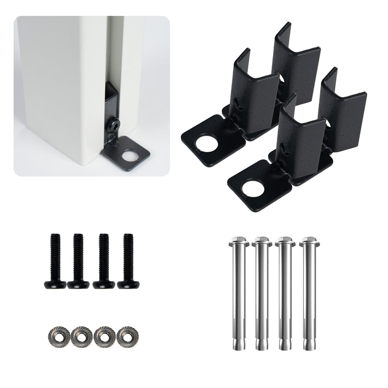 A set of installation components for an outdoor fence. The image includes black metal brackets, black screws, serrated washers, and silver - colored expansion bolts. There is also a close - up inset showing how the black bracket attaches to a white fence post.Outdoor Fence Installation Components Set. outdoor fence, installation components, black metal brackets, screws, expansion bolts, fence accessories