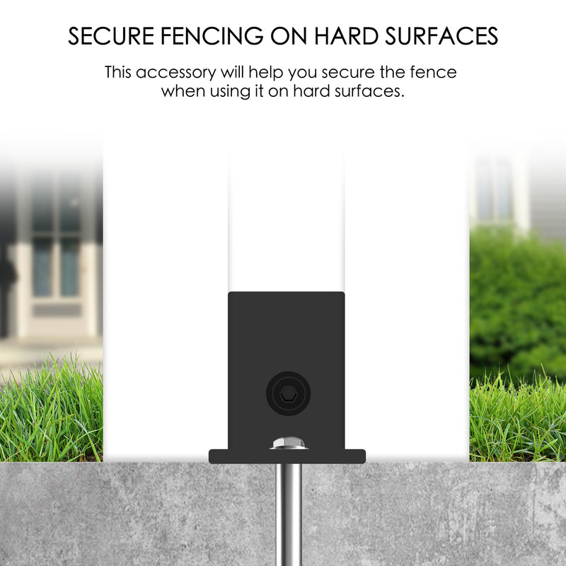 An image demonstrating an accessory for securing an outdoor fence on hard surfaces. The visual shows a black attachment piece fixed to a fence post, which is mounted on a concrete - like hard surface. The background includes a blurred view of a house and greenery. The text above reads "SECURE FENCING ON HARD SURFACES" and "This accessory will help you secure the fence when using it on hard surfaces." Outdoor Fence: Secure Mounting on Hard Surfaces outdoor fence, hard surface mounting, fence security, fence 