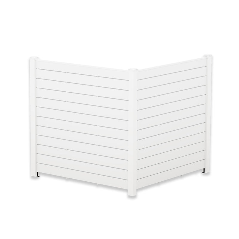A white outdoor privacy fence with horizontal slats, designed in an L - shape. The fence features a clean, modern look and is suitable for creating private spaces in gardens or patios. Modern White Outdoor Privacy Fence. outdoor privacy fence, white fence, horizontal slat design, garden fencing, patio divider. L shape.