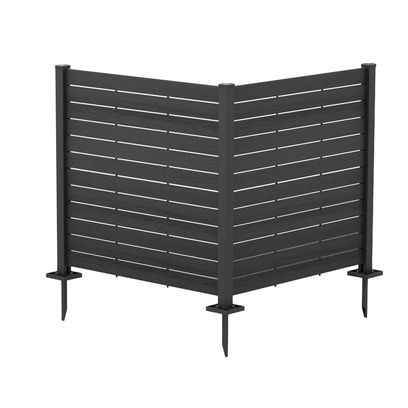 A modern outdoor privacy fence with a sleek, dark - colored design. The fence features horizontal slats and stands on sturdy posts with pointed stakes at the bottom, likely for easy ground installation. Sleek Modern Outdoor Privacy Fence. outdoor privacy fence, horizontal slat fence, dark - colored fence, garden fencing, easy - install fence. L shape.