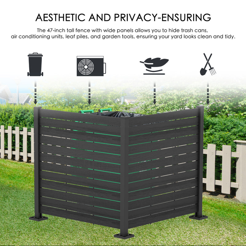 A 47 - inch tall outdoor privacy fence in dark color with wide slatted panels. It is used to conceal items like trash cans, air conditioning units, leaf piles, and garden tools, helping to keep the yard looking clean and tidy. The background shows a suburban setting with greenery and houses.Functional Outdoor Privacy Fence for Yard Cleanliness. outdoor privacy fence, yard organization, trash can cover, air conditioner enclosure, garden tool storage.
