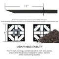 This image details the stability - enhancing features of an outdoor fence. It shows an 11 - inch iron leg, a 6 - inch foot plate with an 8 - hole design, and an illustration of the foot tray being buried in soil. The text explains that the foot tray ensures fence stability, the 8 - hole design allows for different reinforcement options like expansion screws and floor nails, and the combination of iron legs and foot plates adapts to various terrains. Outdoor Fence: Features for Adaptable Stability. 