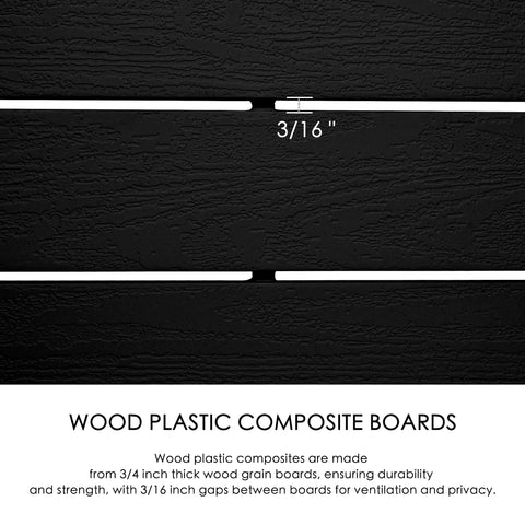A close - up image of dark - colored wood plastic composite boards used in an outdoor fence. The boards have a wood - grain texture, with a measurement of 3/16" indicating the gap between them. The text explains that these composite boards are 3/4 inch thick, providing durability and strength, while the gaps allow for ventilation and privacy. Durable Wood Plastic Composite Boards for Outdoor Fences.outdoor fence, wood plastic composite boards, durability, wood - grain texture, ventilation gaps.