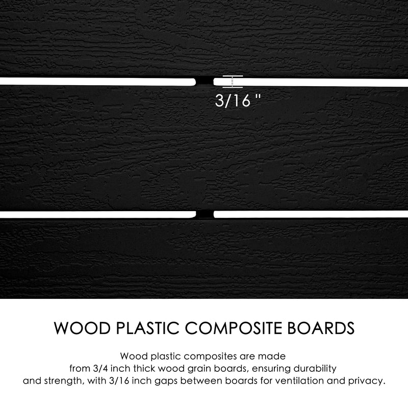 A close - up image of dark - colored wood plastic composite boards used in an outdoor fence. The boards have a wood - grain texture, with a measurement of 3/16" indicating the gap between them. The text explains that these composite boards are 3/4 inch thick, providing durability and strength, while the gaps allow for ventilation and privacy. Durable Wood Plastic Composite Boards for Outdoor Fences.outdoor fence, wood plastic composite boards, durability, wood - grain texture, ventilation gaps.