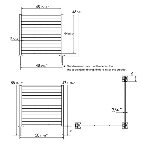 Technical diagrams of an outdoor fence, presenting key measurements. The top - down and side - view sketches show dimensions like lengths and heights of the fence structure. The text notes that these dimensions are for calculating the spacing when drilling holes for installation. Outdoor Fence Installation Dimensions. outdoor fence, installation dimensions, drilling spacing, fence measurements, fence installation guide.