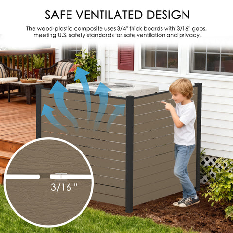 Kozyard safe ventilated outdoor privacy fence panel for air conditioner unit enclosure. Image shows a young boy standing by a child-safe WPC composite screen featuring premium 3/4 inch thick boards with 3/16 inch gaps meeting US safety standards. Transparent blue arrows illustrate optimal airflow ventilation and privacy protection, protecting children and pets from hot condenser air on patio decks and backyards.
