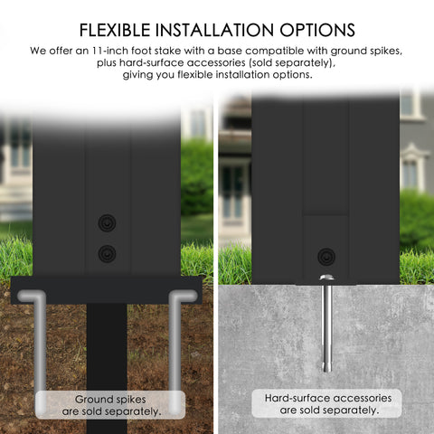 Kozyard flexible installation options diagram for outdoor privacy screens and fence panels. Side-by-side graphic shows versatile mounting methods including deep-ground installation using an 11-inch foot stake and ground spikes for lawns, as well as concrete anchor bolts hard-surface accessories sold separately for secure anchoring on patios, driveways, decks, and stone pavements.