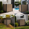 Kozyard multi-scene applications layout for outdoor privacy fence enclosures. Four panels demonstrate versatile home uses: concealing a driveway trash bin, providing poolside decorative screening, defining a garden leaf pile compost area, and wrapping around a backyard outdoor AC condenser unit. Showcases the weather-resistant taupe color matching various landscaping, lawns, and modern home exteriors.