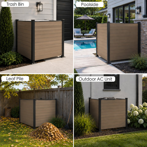 Kozyard multi-scene applications layout for outdoor privacy fence enclosures. Four panels demonstrate versatile home uses: concealing a driveway trash bin, providing poolside decorative screening, defining a garden leaf pile compost area, and wrapping around a backyard outdoor AC condenser unit. Showcases the weather-resistant taupe color matching various landscaping, lawns, and modern home exteriors.