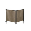 Kozyard freestanding 2-panel L-shaped outdoor privacy screen enclosure against a clean white background. Realistic 3D render isolates the premium taupe WPC wood plastic composite horizontal slats with black anodized aluminum corner posts and heavy-duty 11-inch ground stakes. Highlights the modern, clean-lined styling of the weather-resistant decorative yard fence panel kit for DIY installation.