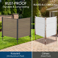 Kozyard rust-proof aluminum post fence versus rusted steel competitor screen comparison. Side-by-side image shows Kozyard long-lasting rust-free all-aluminum post privacy fence standing strong on a brick patio pavement next to a deteriorated, rusted, and corroded white steel post screen. Emphasizes superior weather resistance, durability, and low-maintenance value for outdoor yard use.