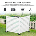 A 47 - inch tall white outdoor privacy fence with wide slats. It effectively hides trash cans, air - conditioning units, leaf piles, and garden tools, as indicated by the icons and text above. The fence helps keep the yard looking clean and tidy, set against a backdrop of greenery and a neighboring white picket fence.White Outdoor Fence: Beauty and Privacy for Yard Organization. outdoor fence, white privacy fence, yard tidiness, trash can concealment, air conditioner cover, garden tool storage
