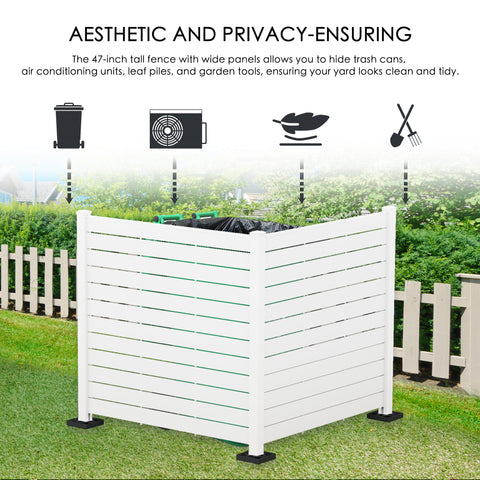 A 47 - inch tall white outdoor privacy fence with wide slats. It effectively hides trash cans, air - conditioning units, leaf piles, and garden tools, as indicated by the icons and text above. The fence helps keep the yard looking clean and tidy, set against a backdrop of greenery and a neighboring white picket fence.White Outdoor Fence: Beauty and Privacy for Yard Organization. outdoor fence, white privacy fence, yard tidiness, trash can concealment, air conditioner cover, garden tool storage
