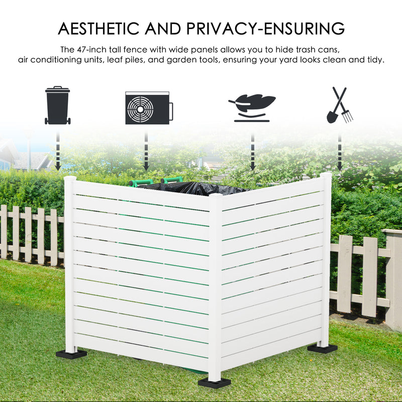 A 47 - inch tall white outdoor privacy fence with wide slats. It effectively hides trash cans, air - conditioning units, leaf piles, and garden tools, as indicated by the icons and text above. The fence helps keep the yard looking clean and tidy, set against a backdrop of greenery and a neighboring white picket fence.White Outdoor Fence: Beauty and Privacy for Yard Organization. outdoor fence, white privacy fence, yard tidiness, trash can concealment, air conditioner cover, garden tool storage
