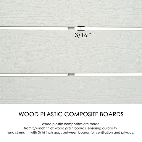A close - up view of light - colored wood plastic composite boards with a textured surface. The image shows a 3/16" gap between the boards. The text below explains that these boards are 3/4 inch thick, with wood - grain patterns, providing durability and strength, while the gaps allow for ventilation and privacy. Durable Wood Plastic Composite Boards for Outdoor Fences. outdoor fence, wood plastic composite boards, durability, wood - grain texture, ventilation gaps, privacy.