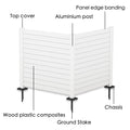 A labeled image of a white outdoor fence, identifying its key components: top cover, panel edge banding, aluminium post, wood plastic composites, chassis, and ground stake. The fence is designed for outdoor use, likely for privacy or enclosure purposes. White Outdoor Fence: Component Breakdown. outdoor fence, white fence, fence components, aluminium post, wood plastic composites, ground stake