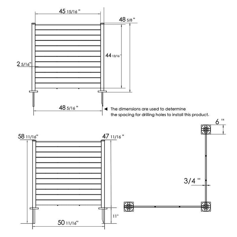 Technical diagrams of an outdoor fence, presenting key measurements. The top - down and side - view sketches show dimensions like lengths and heights of the fence structure. The text notes that these dimensions are for calculating the spacing when drilling holes for installation. Outdoor Fence Installation Dimensions. outdoor fence, installation dimensions, drilling spacing, fence measurements, fence installation guide.