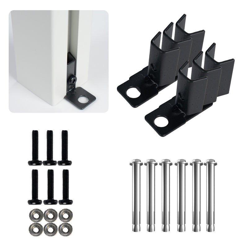 A set of installation components for an outdoor fence. The image includes black metal brackets, black screws, serrated washers, and silver - colored expansion bolts. There is also a close - up inset showing how the black bracket attaches to a white fence post.Outdoor Fence Installation Components Set. outdoor fence, installation components, black metal brackets, screws, expansion bolts, fence accessories