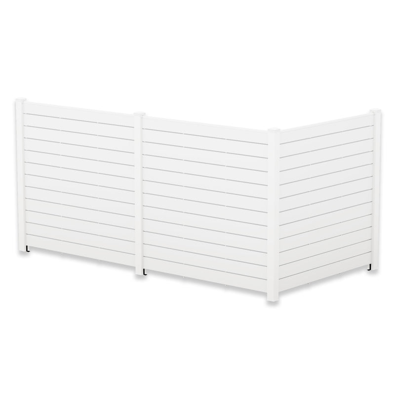 A white outdoor privacy fence with horizontal slats, designed in an L - shape. The fence features a clean, modern look and is suitable for creating private spaces in gardens or patios. Modern White Outdoor Privacy Fence. outdoor privacy fence, white fence, horizontal slat design, garden fencing, patio divider. L shape.