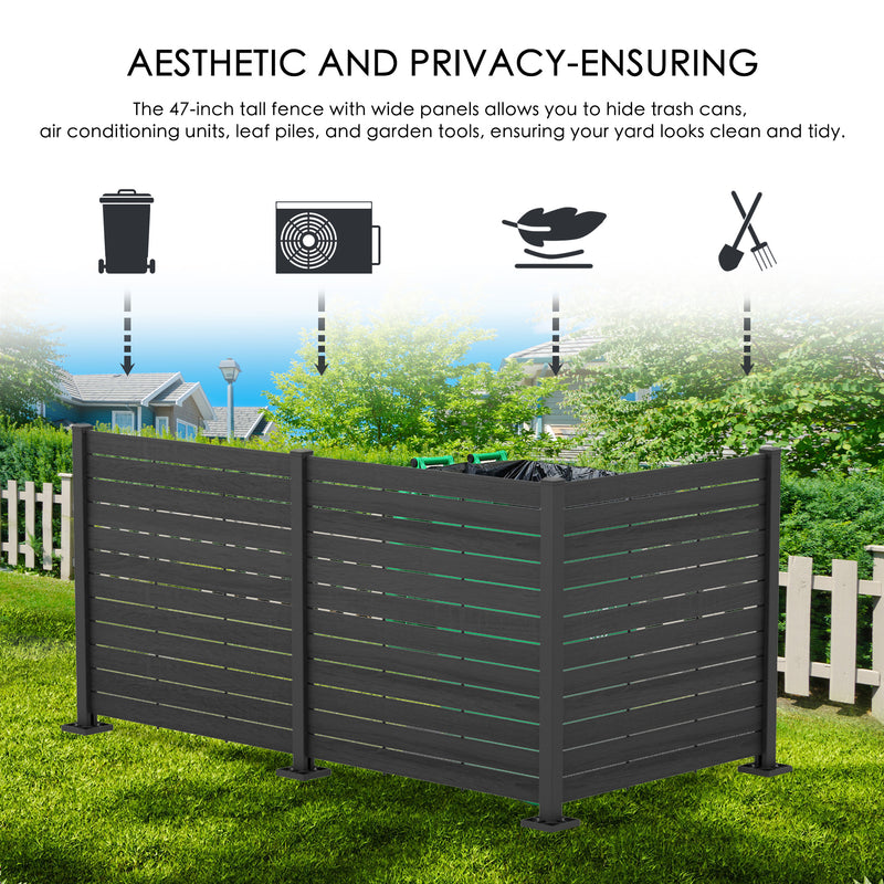 A 47 - inch tall outdoor privacy fence in dark color with wide slatted panels. It is used to conceal items like trash cans, air conditioning units, leaf piles, and garden tools, helping to keep the yard looking clean and tidy. The background shows a suburban setting with greenery and houses.Functional Outdoor Privacy Fence for Yard Cleanliness. outdoor privacy fence, yard organization, trash can cover, air conditioner enclosure, garden tool storage.