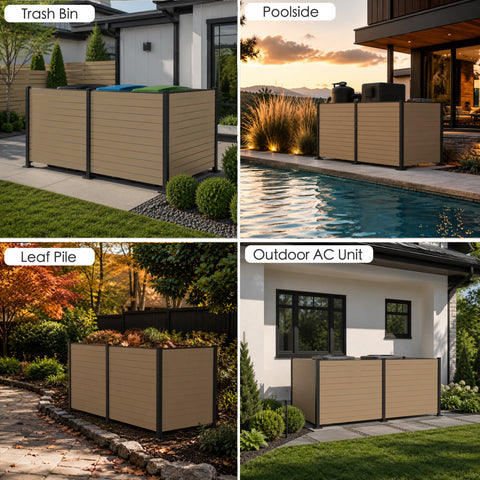 Kozyard large 3-panel outdoor privacy fence enclosure multi-scene application layout. Four lifestyle panels demonstrate versatile home use: concealing multiple wheelie trash cans, hiding pool filter equipment, surrounding a backyard garden leaf pile compost area, and wrapping around dual outdoor AC units. Weatherproof taupe wood-look color perfectly matches modern architecture and lawns.