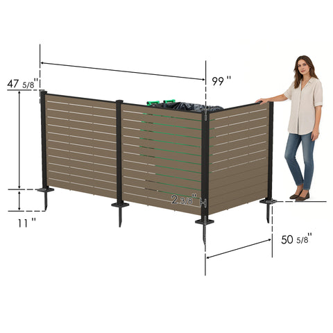 Kozyard large 3-panel outdoor privacy screen dimensions guide with a woman model for scale reference. Technical illustration displays product measurements including 47-5/8" height, 99" extended long side width, 50-5/8" short side width, 2-3/8" post width, and 11" ground stakes. Extra-large enclosure capacity ideal for hiding dual trash bins, waste dumpsters, or multiple heat pumps.