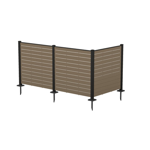 Kozyard extra-wide 3-panel L-shaped outdoor privacy screen enclosure isolated on a white background. High-resolution 3D render showcases the premium taupe horizontal WPC wood plastic composite panels with black anodized aluminum corner posts and heavy-duty 11-inch ground stake anchors. Highlights the clean-lined modern look of this weather-resistant decorative yard utility screening kit.