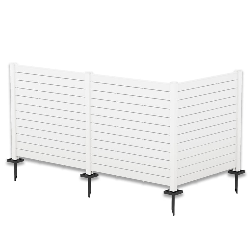A white outdoor privacy fence with horizontal slats, supported by vertical posts. The fence is equipped with black metal stakes at the bottom for easy ground installation, making it suitable for defining spaces in gardens or patios.Elegant White Outdoor Privacy Fence. outdoor privacy fence, white fence, horizontal slat fence, garden fencing, easy - install fence. L shape.