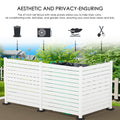 A 47 - inch tall white outdoor privacy fence with wide slats, effectively concealing trash cans and other yard items. The text above states it can hide air - conditioning units, leaf piles, and garden tools, keeping the yard clean and tidy. Icons illustrate the types of items the fence can hide.White Outdoor Fence: Aesthetic & Privacy for Yard Cleanup. outdoor fence, white privacy fence, yard organization, trash can concealment, air conditioner cover, garden tool storage