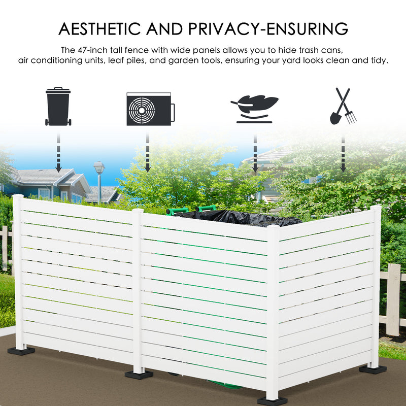 A 47 - inch tall white outdoor privacy fence with wide slats, effectively concealing trash cans and other yard items. The text above states it can hide air - conditioning units, leaf piles, and garden tools, keeping the yard clean and tidy. Icons illustrate the types of items the fence can hide.White Outdoor Fence: Aesthetic & Privacy for Yard Cleanup. outdoor fence, white privacy fence, yard organization, trash can concealment, air conditioner cover, garden tool storage