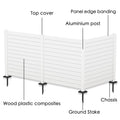 A labeled image of a white outdoor fence, identifying its key components: top cover, panel edge banding, aluminium post, wood plastic composites, chassis, and ground stake. The fence is designed for outdoor use, likely for privacy or enclosure purposes. White Outdoor Fence: Component Breakdown. outdoor fence, white fence, fence components, aluminium post, wood plastic composites, ground stake