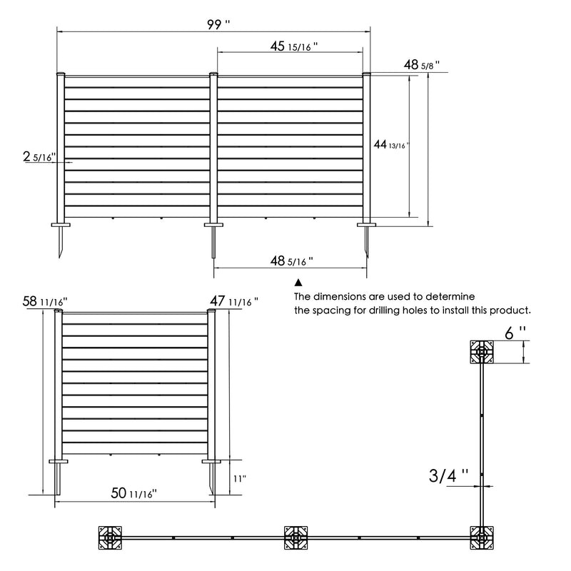 Detailed technical drawings of an outdoor fence, showcasing key measurements. The top view illustrates the width - related dimensions of the fence, while the side view provides height and other crucial measurements. The text clarifies that these dimensions are for determining the spacing for drilling holes during installation. Outdoor Fence Installation Dimensions Diagram. outdoor fence, installation dimensions, drilling hole spacing, fence measurements, installation guide.